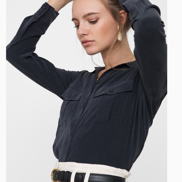 Rails 100% Silk Rhett Charcoal Pocket Blouse Top M - Picture 2 of 9
